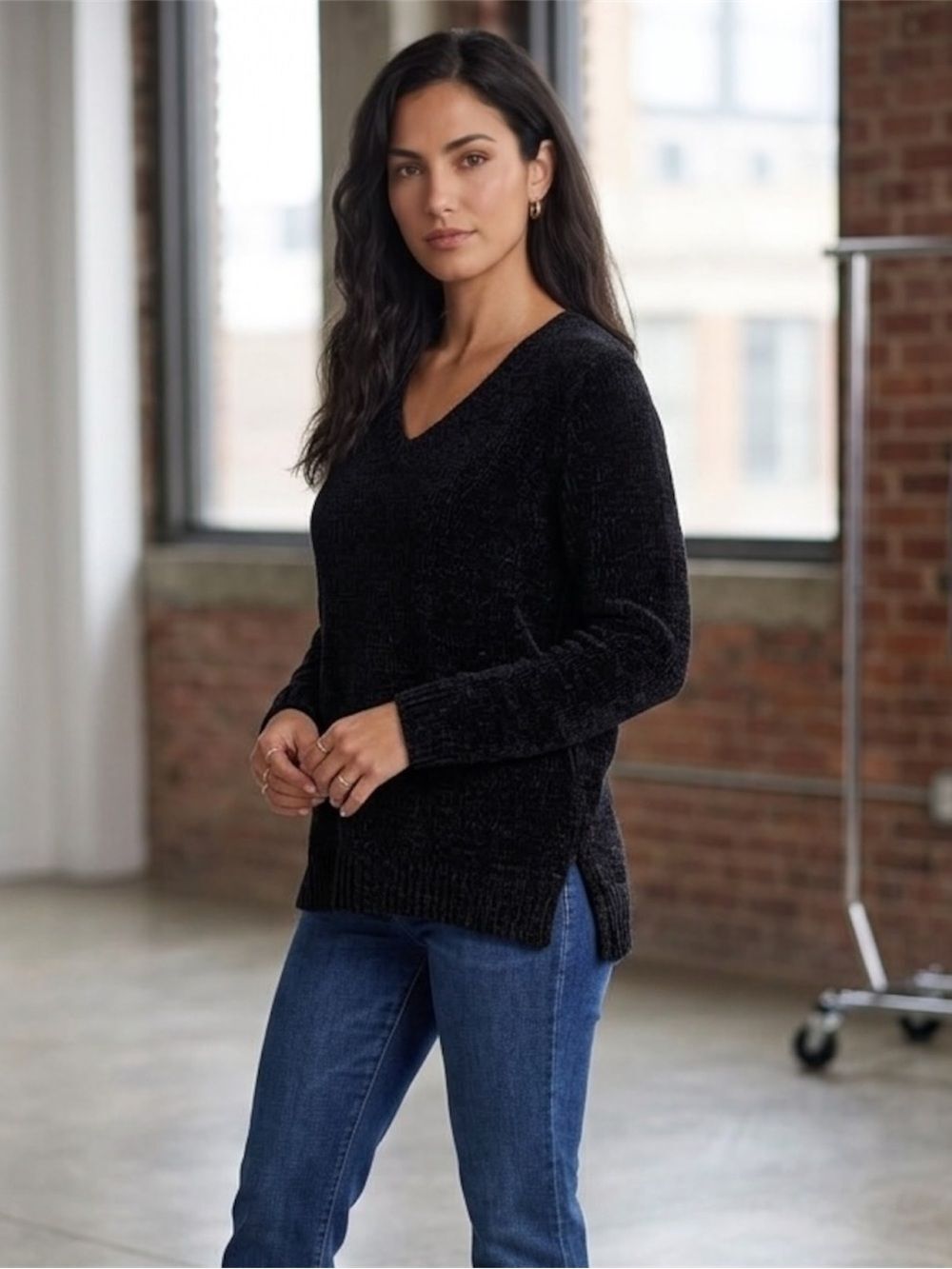 Karen Scott Black V-Neck Chenille Sweater
